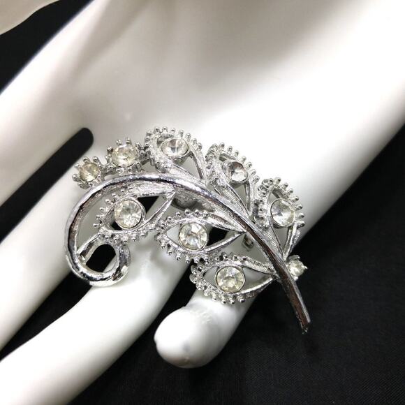 Vintage Silver Tone Clear Rhinestone Floral Spray Brooch, 2 Inches - Picture 2 of 5